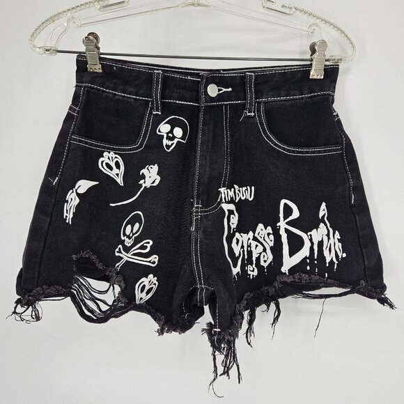 Tim Burton Corpse Bride Shorts Womens 28 Black Distressed Gothic Skulls Punk Emo - Picture 1 of 8